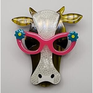 Sassy Cow Acrylic Brooch Pink Glasses Farm Animal Whimsical Fun